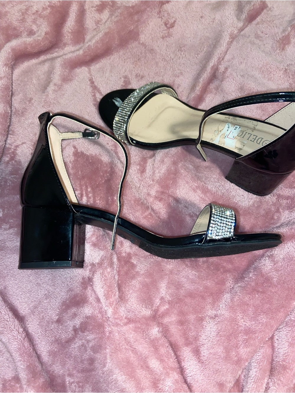 Black Rhinestone Block Heel Sandals -